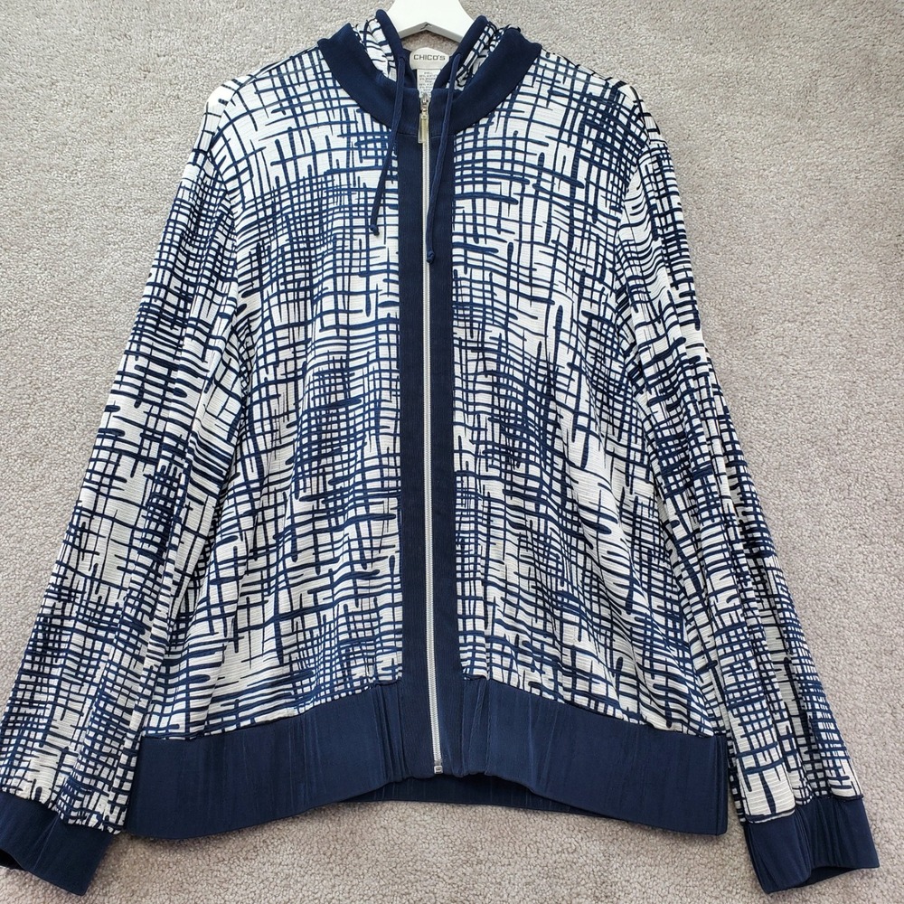Chico's Track Jacket Womens 3 Navy White Slinky Abstract Grid Long Sleeve Hooded